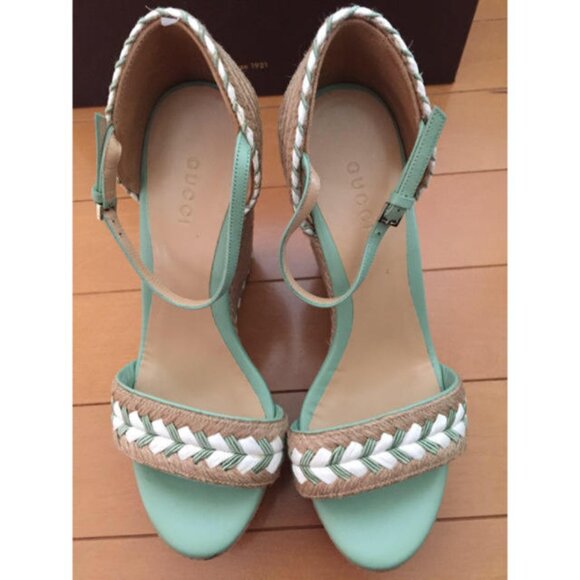 NIB Gucci Mint Green Espadrille Wedge Sandals with Braided Detail - Size 38.5 - Picture 2 of 4